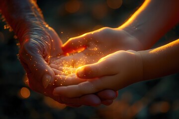 Hands of grandmother and grandson holding golden sparkles on bokeh background