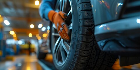 Fototapeta premium a close up of a tire on a car in a garage with lights in the background and a worker working on the tire