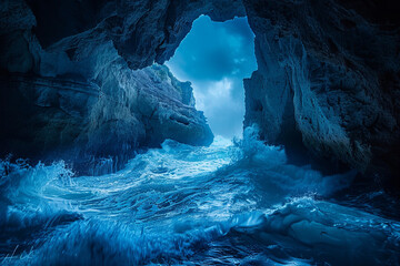 An awe-inspiring view of an underwater cavern with stormy waves crashing against the entrance,...