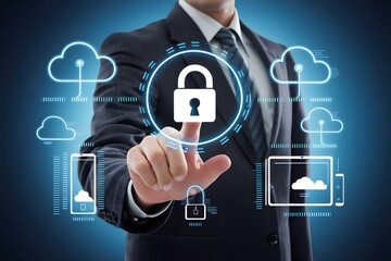 Businessman points to digital padlock symbol in tech environment, signifying security and connectivity.