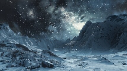 Ethereal galaxies illuminate the night above a serene, snow-covered terrain, invoking a sense of mystery and wonder.
