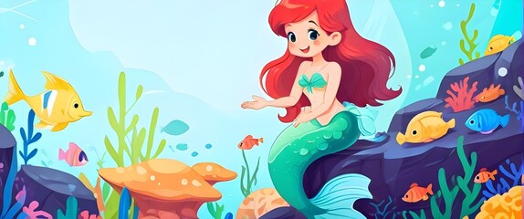 Cute little mermaid interacts with marine life cartoon characters. Illustration vector . Generative AI