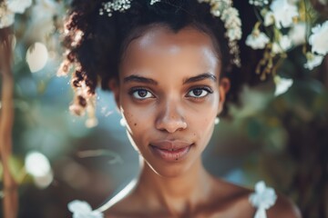 Fototapeta premium a woman with a flower crown on her head, looking at the camera .