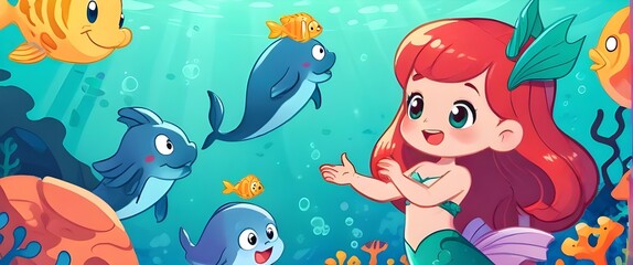 Cute little mermaid interacts with marine life cartoon characters. Illustration vector . Generative AI
