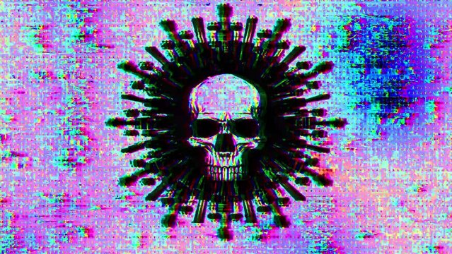 Skull logo on a digital glitch background. Hacked screen concept. Looped background 