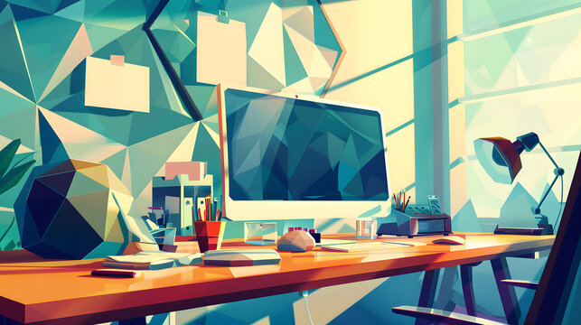 Business Home Office with computers and desks in cartoon poly art