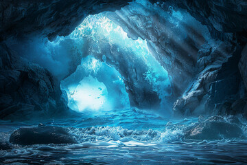 An awe-inspiring view of an underwater cavern with stormy waves crashing against the entrance, casting a mesmerizing blue glow in the depths.