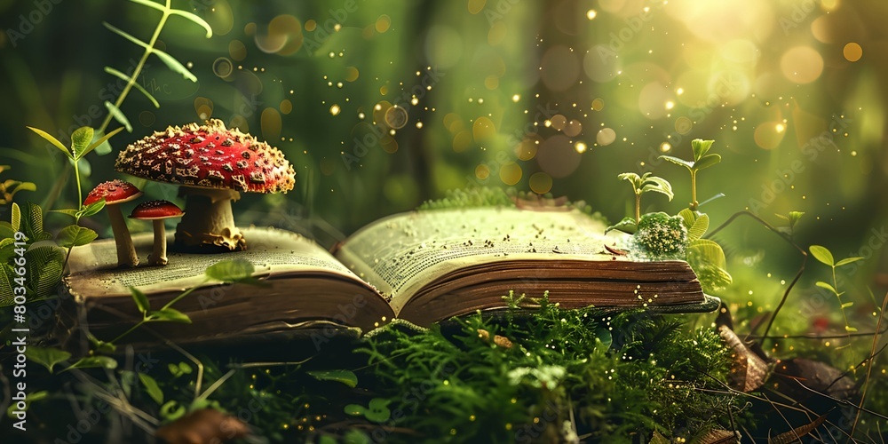 Poster a book with a mushroom on top of it in the grass with a forest background and a light shining on it