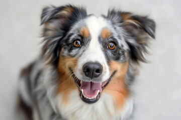 Close-up of a cute Austrian Shepherd looking at the camera, taken from above. A close-up of a cute Australian Shepherd is visible against a light background.