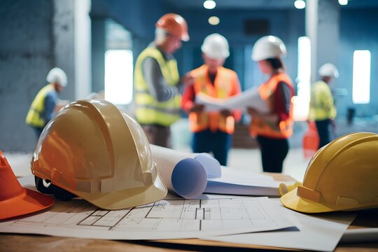 Construction workers in helmets discuss with safety gear and blueprints amidst bustling site.