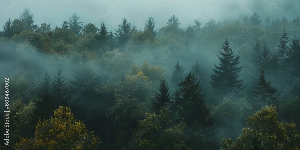 Poster forest filled with lots of trees covered in fog and mist in the distance
