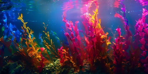 a group of colorful plants floating in a blue water tank with sunlight shining through