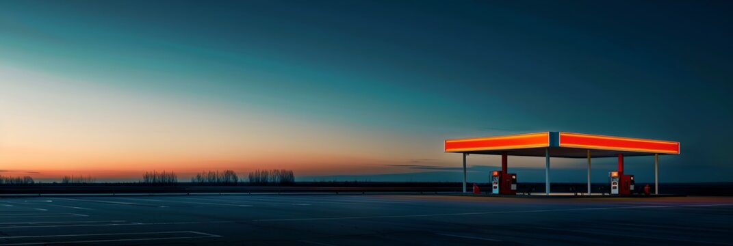 a gas station with a red light on the top of it at sunset or dawn, with a blue sky in the background