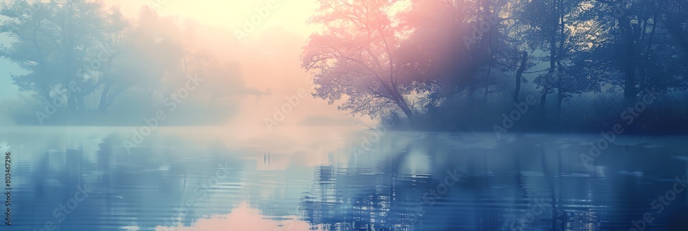 Poster serene lake with trees and fog in the background and a sun shining through the trees on the water's 