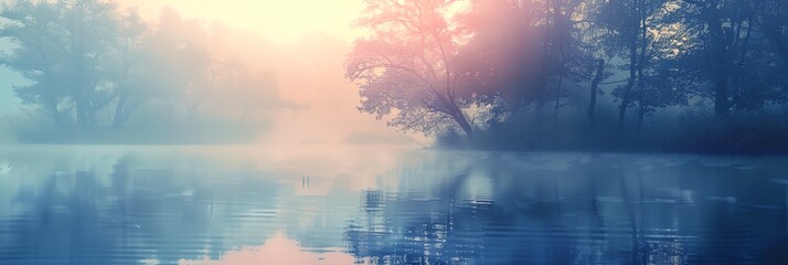 serene lake with trees and fog in the background and a sun shining through the trees on the water's edge