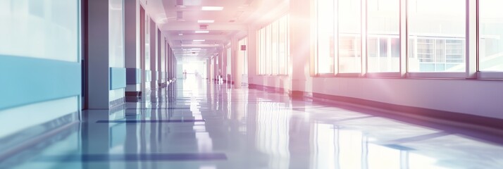 Fototapeta premium long hospital hallway with windows and a sky light shining down on it