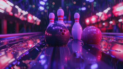Strike Showdown: Bowling Ball Game Against Skittles Background in Rain with Purple Light and...