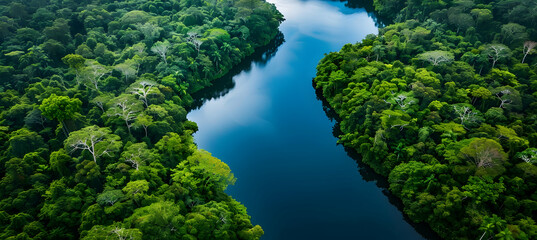 A dramatic aerial view of a jungle river meandering through dense forests, the water reflecting the sky and flanked by vibrant greenery