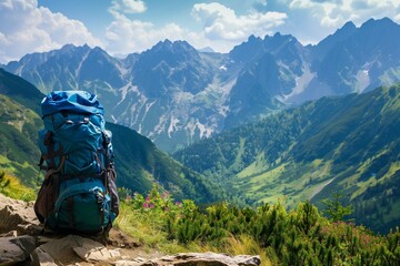 A hiker's blue backpack on a trail in the mountains with picturesque view.