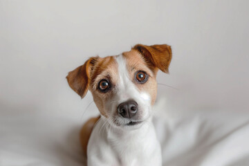 Cute Jack Russell Terrier sits on a white bed and looks forward in surprise. Close-up portrait of a dog.