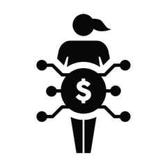Digital dollar icon vector currency symbol with female user person profile avatar for digital currency in a glyph pictogram illustration