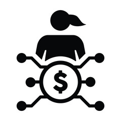 Digital dollar icon vector currency symbol with female user person profile avatar for digital currency in a glyph pictogram illustration