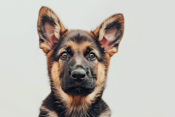 Close-up of a German Shepherd puppy on a white background. he has cute features and a perky look. The photo is made in a minimalist style.