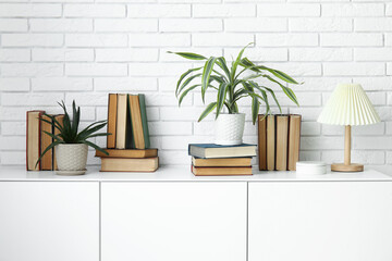 Books and houseplant on chest of drawers near white brick wall in living room, closeup