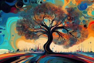 Drzewo Grafika kolorowa surrealistyczna obraz Generative AI	 - obrazy, fototapety, plakaty