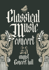 Vector poster for classical music concert with grand piano and contour drawings of angels in retro gothic in style. Suitable for flyer, invitation, playbill, web design