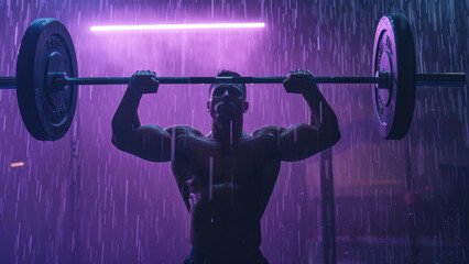 Mighty Muscles: Strong Male Sportsman Raises Barbell in Rain Under Purple Light and Cinematic Raindrops