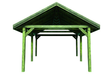 Wooden gazebo, garage for a car - shelter from rain and bad weather conditions. On isolated transparent background.