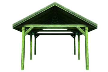 Wooden gazebo, garage for a car - shelter from rain and bad weather conditions. On isolated transparent background.