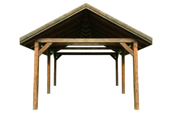 Old wooden gazebo, garage for a car - shelter from rain and bad weather conditions. On isolated transparent background.