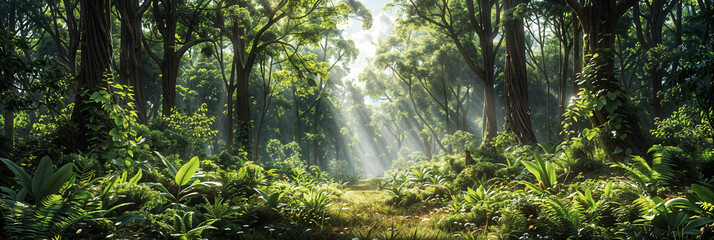 Panorama view of a green forest landscape, the sun is shining through the green trees