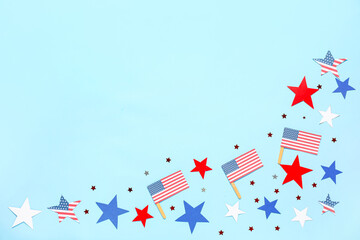 Composition with USA flags and stars on color background. Independence Day celebration