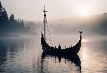 'ship viking mystical water fog boat vessel norge mist lake tranquil calm foggy haze weather misty wooden nordic scandinavian ancient history sea culture sailboat nautical wood' - Powered by Adobe