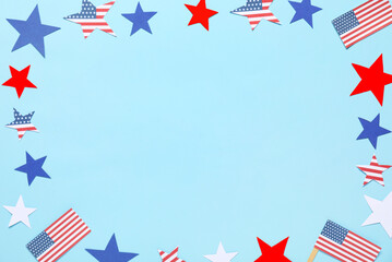Fototapeta premium Frame made of USA flags and stars on color background. Independence Day celebration