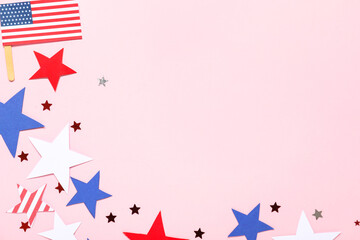 Composition with stars in colors of USA flag on color background. Independence Day celebration