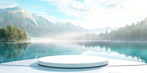 White podium on a beautiful background of a lake and mountains