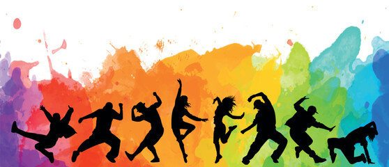 Detailed illustration silhouettes of expressive dance colorful group of people dancing. Jazz funk, hip-hop, house dance. Dancer man jumping on white background. Happy celebration	