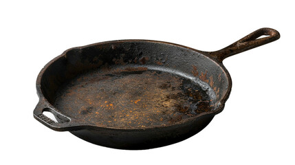 A rustic cast iron skillet on a transparent background. PNG format, This PNG file, with an isolated cutout object on a transparent background. 