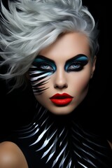 Fototapeta premium A woman with white hair and bold black makeup stares intensely at the camera, showcasing a dramatic and striking appearance