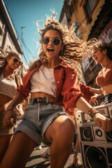 A group of young women energetically dancing in the street to hip hop music. They are moving to the beat with synchronized steps and dynamic gestures, showcasing their enthusiasm and passion for dance