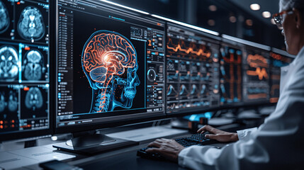 Doctor surgeon and neurologist use robotic and medical technology diagnose and examine patient brain with intelligence software. AI, Innovation, Science and technology digital medical, Generative AI. - Powered by Adobe