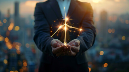 A businessman in a suit holding a glowing star between his hands against a cityscape at sunset.