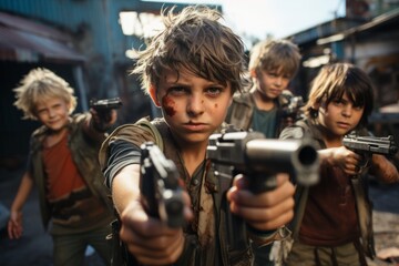 A group of young boys playing together, holding toy guns in their hands. They are engaged in a playful activity, pretending to be soldiers or engaging in a make-believe battle