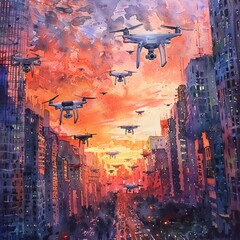 A fleet of autonomous drones delivering gourmet food across a hightech cityscape at sunset , watercolor