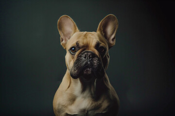 French bulldog on a black background in a minimalist style. The dog sits in the center of the frame, its wrinkled face and bright eyes attracting attention.