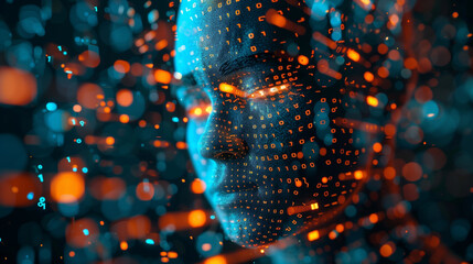 Digital representation of a human face covered in binary code, symbolizing artificial intelligence and data processing.